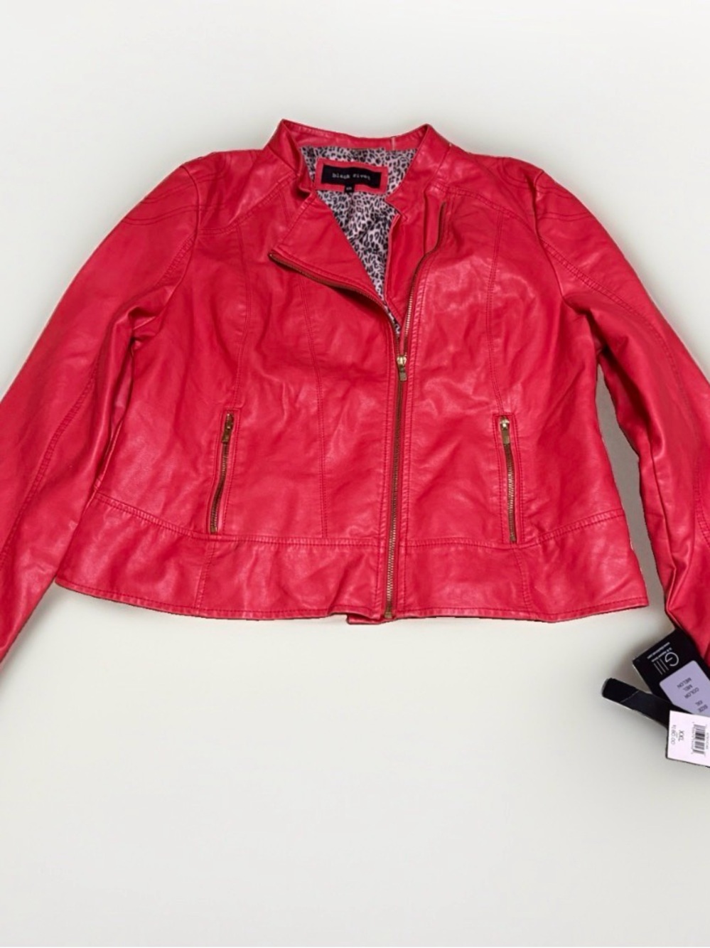 NWT Black Rivet Faux Leather Moto Jacket XXL Melon Red Leopard Lining Flaw